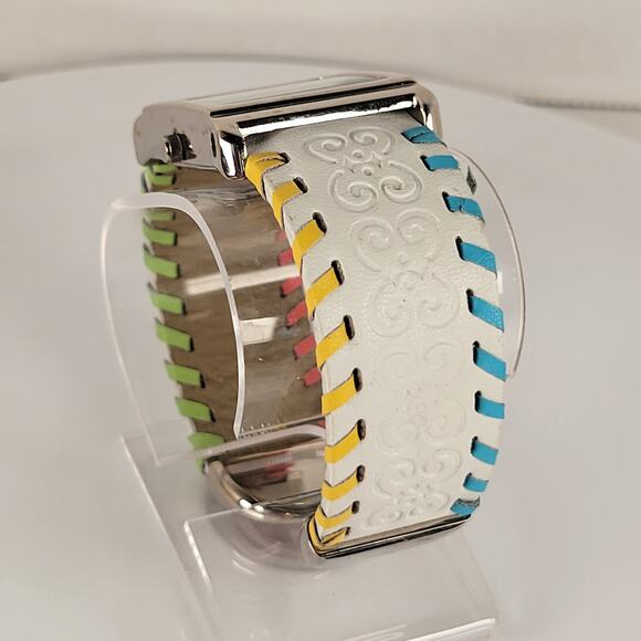Silver Quartz Watch with Embossed Cuff White Leather Strap and Multicolor Design - Picture 6 of 16